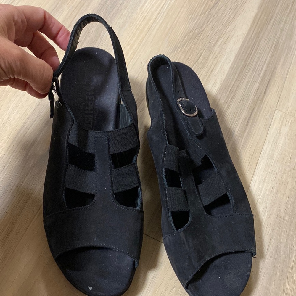 Mephisto size 38.  Black suede/elastic cross straps and adjustable buckle strap